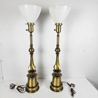  Pair of Vintage 1960s Stiffel Rembrandt Brass Torchiere Table Lamps with White Glass Shades - 32