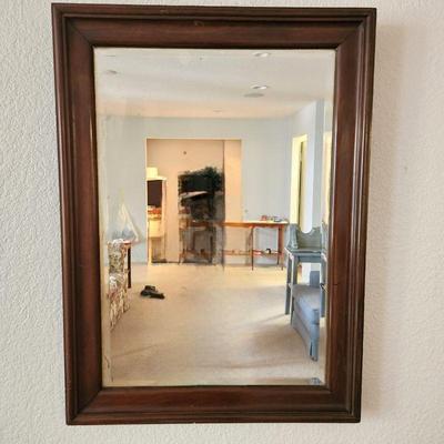 Vintage Wall Mirror w/ Beveled Glass and Dark Wood Frame 22" x 30"