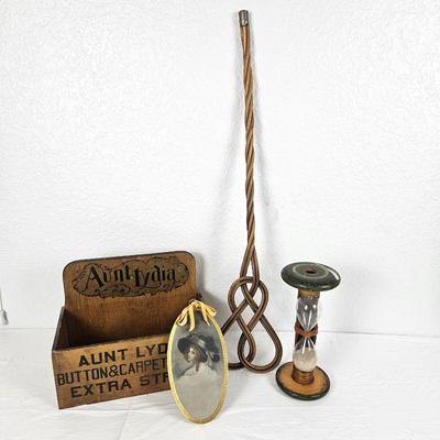 Vintage Decor - Rustic Wooden Box, Victorian Portrait, Rug Beater, and Old Wood Spool Made into Hour Glass