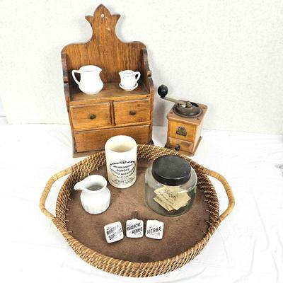  Lot of Kitchen Antiques Old Coffee Grinder, Porcelain Drawer Pulls, Mini Creamers, Old Jam Jar, Old Wall Cabinet