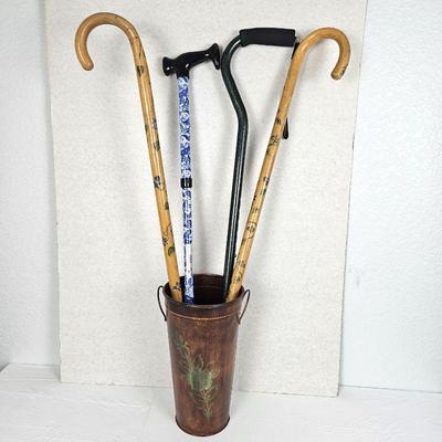 Rustic Tin Container Holding Four Assorted Walking Canes