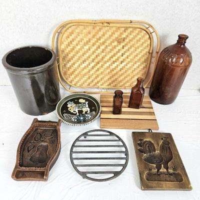 Lot of Vintage Kitchen Items - Old Brown Croc for Utensils, Small German Plate, Two Replica Cookie Presses & moreÂ 