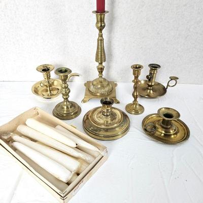 Vintage Brass Candle Holder Collection with Box of Assorted Taper Candles 