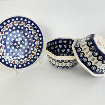 Boleslawiec Polish Pottery Serving Dish and matching octagonal bowls 