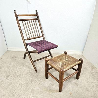 Rustic Folding Wooden Chair with Fabric Seat plus an Old Foot Stool with Rattan Top