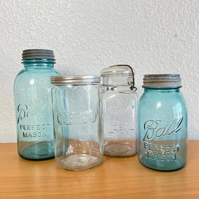  Hoosier Coffee Glass Jar, Blue Ball Perfect Mason Jars, Vintage 1940â€™s Ball Ideal Glass Wire and Bai