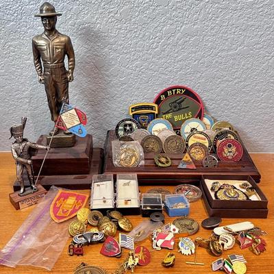 Military Collectibles Lot - Commemorative Coins, Figurines, Patches, Pins & More