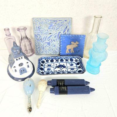 Lot of Assorted Vintage Decoratives; Antique Bottles, Blue/White Porcelain Tray from Japan, Tea Light Church & More