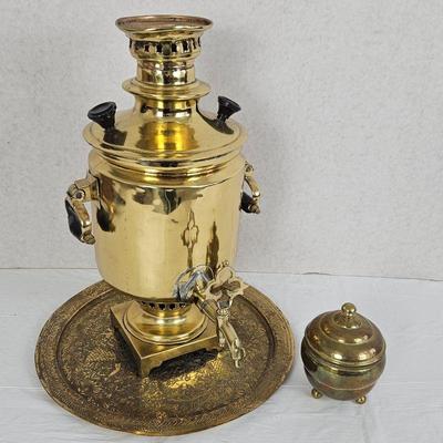 Vintage Brass Turkish Samovar with Ornate Brass Tray and Lidded Bowl Set