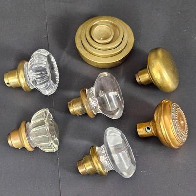 Antique Solid Brass Balance Scale Weights Plus Six Antique Door Knobs, Brass, Crystal & Glass 