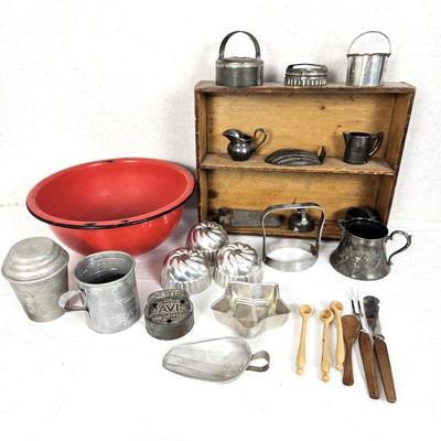 Lot of Primitive Kitchen Items: Rustic Wood Shelf, Red Metal Bowl and a variety of baking Utensils