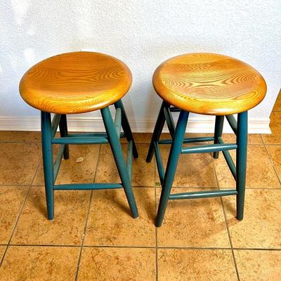 Pair of Wooden Top Bar Stools with Dark Blue Frames 