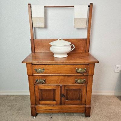 Antique Rustic Wooden Washstand with Towel Rack and Porcelain White Lidded Pot