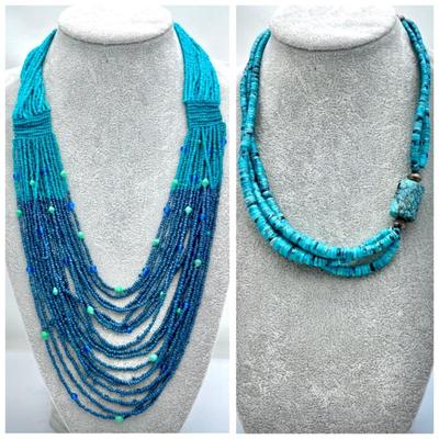 Multistrand and Single Strand Necklace Set- Natural Turquoise Stone and Boho Beaded