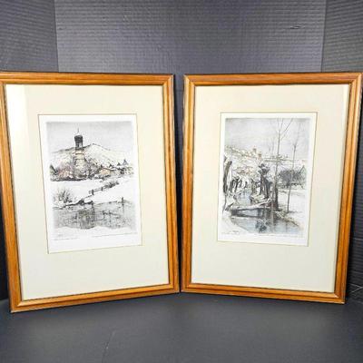 Two Pcs of Wall Art Framed Scenes from Germany - Color Etchings signed by Artist 15" x 21"