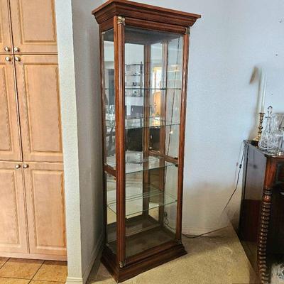  Elegant Mahogany Wooden Glass Display Cabinet - Classic Style w/ Side Loading Doors, Top Light, and Plate Grooves