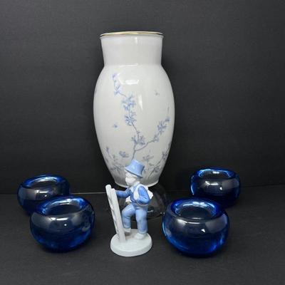 Blue & White Porcelain Vase, Blue Glass Votive Candle Holders, Chimney Sweep Figurine by Gerold Porzellan.