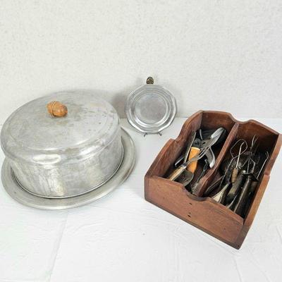 Fun Old Tin Cake Plate & Cover, Pewter Plate, and Old Wood Box Filled with Antique Kitchen Utensils 