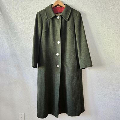 Vintage Women's  Wolfstaedter 100% Wool Loden Coat in Dark Green - Red Lining - 48" Long 