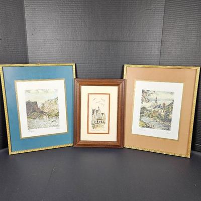Lot of Three Pieces of Wall Art - Etchings of Scenes from Germany - Signed by Artists Feller and Klein