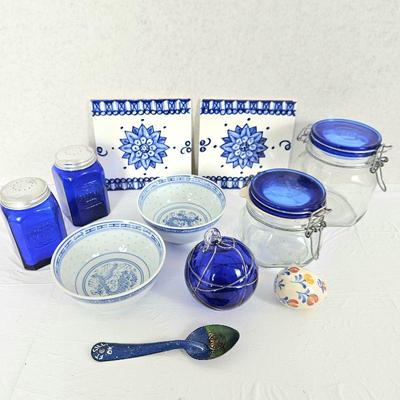 Blue Lover's Lot - Two Lidded Storage Jars "Fido" Italy, Cobalt Salt & Pepper Shakers, Rice Bowls & More