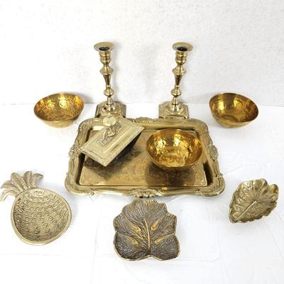 Elegant Vintage Brass Decor Lot - Candlesticks, Bowls, Trays, Ink Blotter & More 