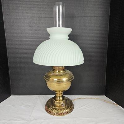 Vintage Electrified Brass Oil Lamp with Glass Chimney and Green Frosted Glass Shade 20