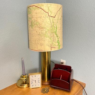 Vintage Map-Themed Table Lamp, W. German Schmeckenbecher Clock, Solid Brass Candle Holder & More