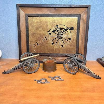 Vintage Military Collectibles Lot - Cannon Models, Commemorative Brass Shell & Framed Wheel Artwork