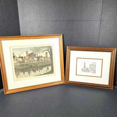 Two Pcs of Original Art - Etchings of Scenes from Germany - Edmund Chojnacki 1984