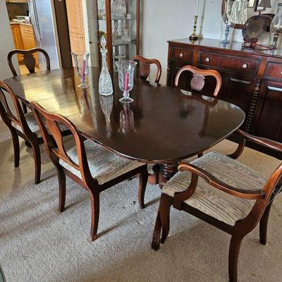 Vintage Dark Wood Double Pedestal Dining Room Table with Six Chairs - By Dexter Furniture Washington DC