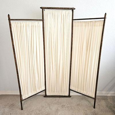 Antique Victorian Three-Panel Dressing Screen with Oak Frame and Cream Colored Fabric