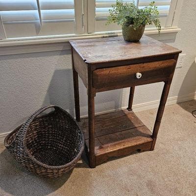 Antique Rustic End Table w/ One Drawer, Pretty Hand Basket and Small Ceramic Planter w/ Floral