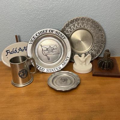 Pewter Plate Military Memorabilia, Detonated Mortar Round, Fenton White Glass Eagle, Marine Corp Tankard, and more