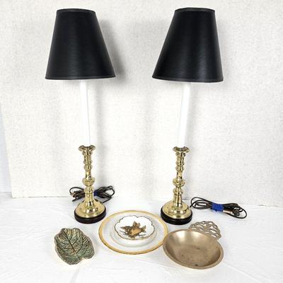 Set of Two Brass Buffet Lamps w/ Black Shades Plus Assorted Glass and Brass Decor 
