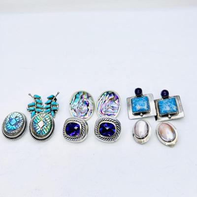 Assorted Sterling Silver Earring Lot- Six Pair with Abalone Shell, Mother of Pearl, Turquoise and More