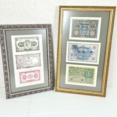  Set of Two Framed Wall Art w/ German Paper Currency Money Displayed