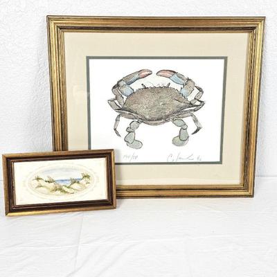 Set of Two Coastal Theme Wall Art Pieces, Crab - Double Signed by Artist and Coastal Scene on Framed Tile