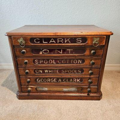  Antique Clark's Spool Cotton Cabinet - Vintage Sewing Collectible - Solid Mahogany Cabinet 30