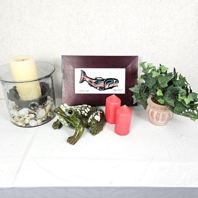 Roxana Leask Salmon And Eagle Wood Box With Ceramic Tile Art, Ceramic Frog & Seashells!