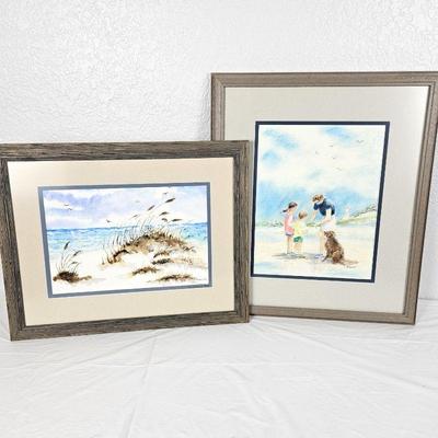 Set of Two Coastal Scene Watercolors - One Double Signed by Artist - Both Framed