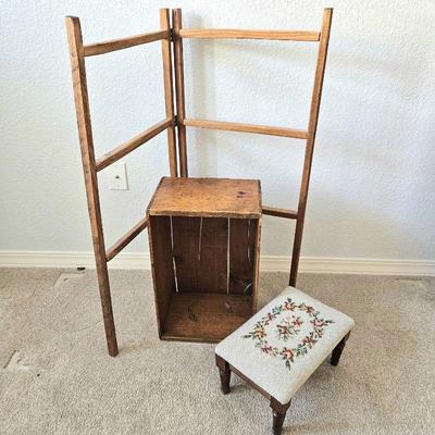 Rustic Old Wooden Mahogany Crate, Folding Laundry Caddy & Small Antique Footstool
