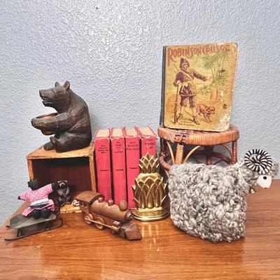 Antique Americana Lot- Miss Minerva's Book Collection, Cast Iron Takaoka Bear, Polish Woolen Ram & More