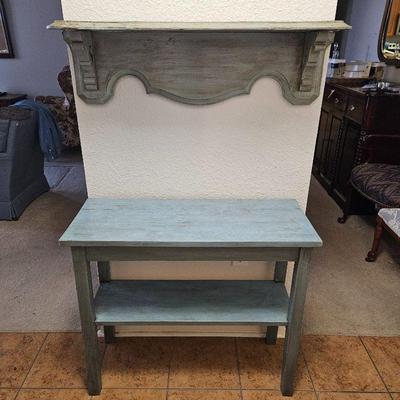 Charming Painted Furniture! Hall Table Painted Blue plus Wood Wall Shelf Painted Distressed Green
