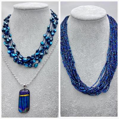 Blue Trio Jewelry Lot - Blue Beaded Multi-Strand Necklace, Dichroic Glass Pendant, Seed Bead Multi-Layer Necklace