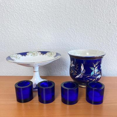 Porcelain Rosenthal St. Marguerite Selb Bavaria Footed Compote Dish, Blue Marimekko Candle Holders, Antique Flowerpot