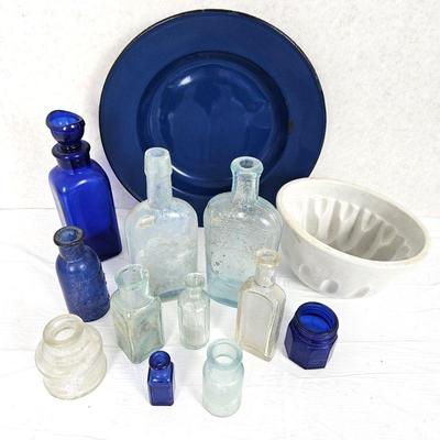 Assorted Antique Bottles, Ceramic Cake Mold and Blue Enameled Tin Plate 