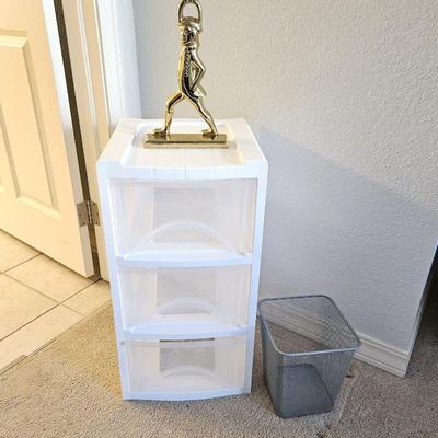 Three Drawer Plastic Storage Container, Heavy Brass Door Holder and Mesh Waste Basket 