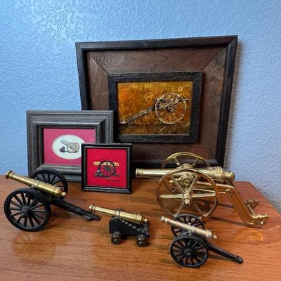 Vintage Artillery Decor and Framed Miniature Cannon Art Collection