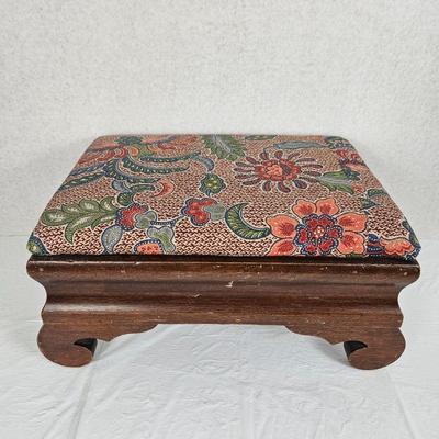 Vintage Wooden Footstool with Removable Floral Fabric Cushion Top - Storage Under Cushion 